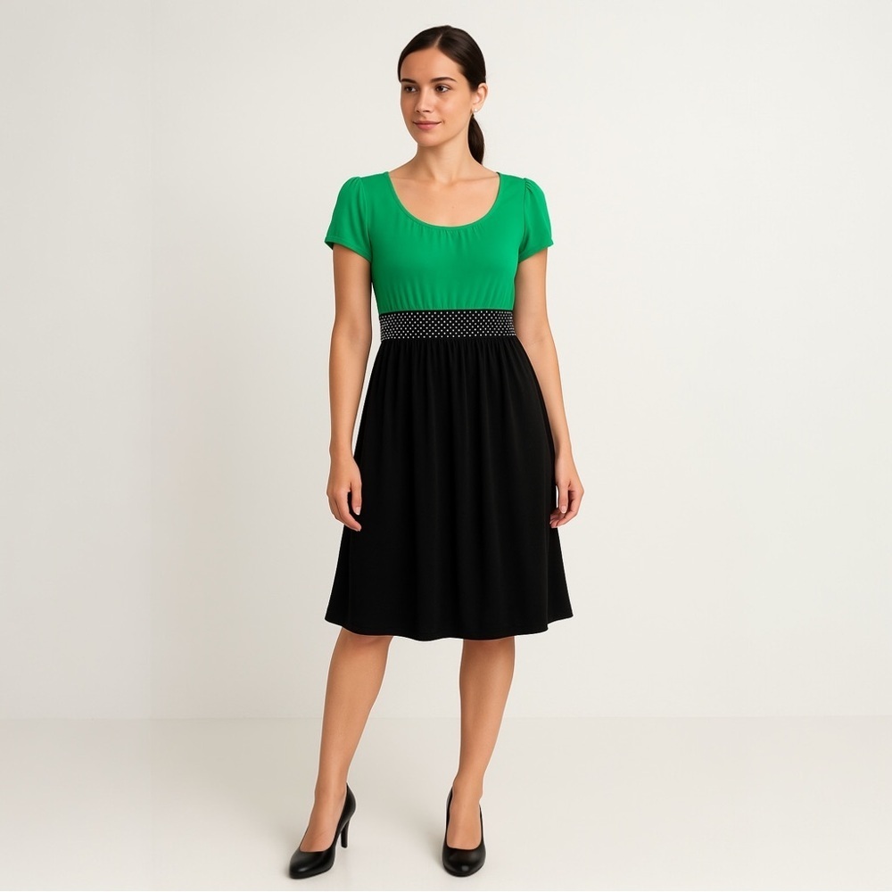 Pullover Green and Black Polka Dot Empire Waist Dress Size Large